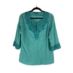 Tommy Bahama Womens Blouse Size M ? Turquoise Teal Blue Embroidered Tunic Top